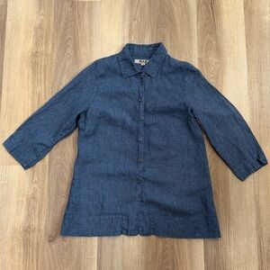 FLAX 100% Linen Dark Chambray Blue Button Up Oversized Shirt Blouse Top Small